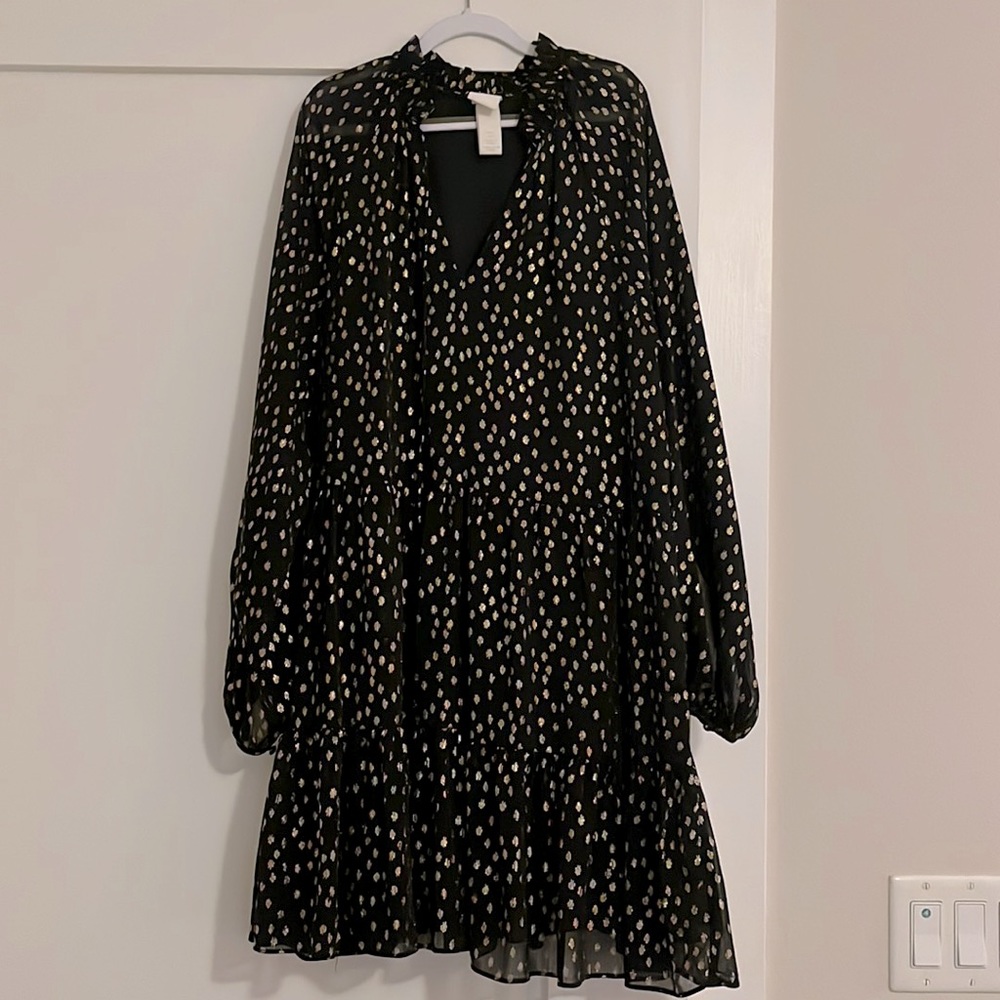 Chiffon black ruffled skirt dress with gold shimmery specks. Sheer sleeves.